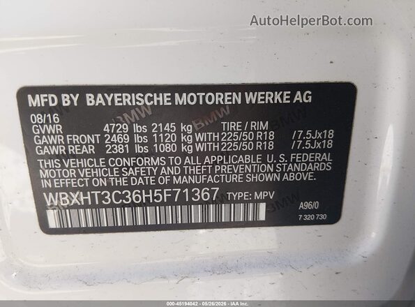 WBXHT3C36H5F71367 2017 BMW X1 White ძრავის განყოფილების ხედი