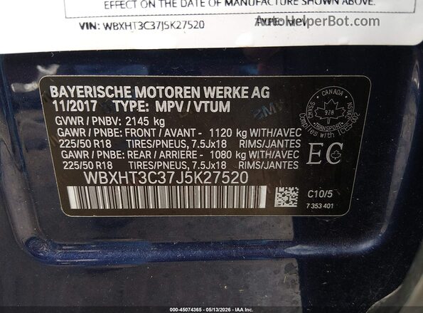 WBXHT3C37J5K27520 2018 BMW X1 Blue Vista del compartimento del motor