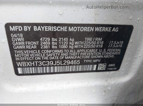 WBXHT3C39J5L29465 2018 BMW X1 White 