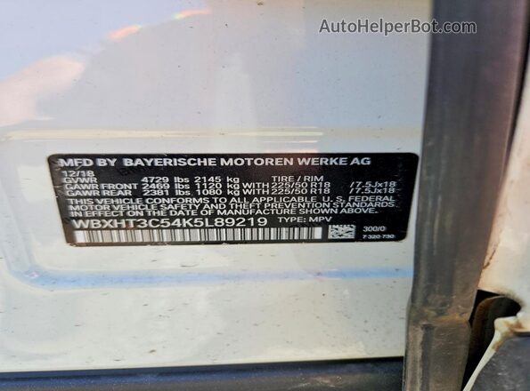 WBXHT3C54K5L89219 2019 BMW X1 White 