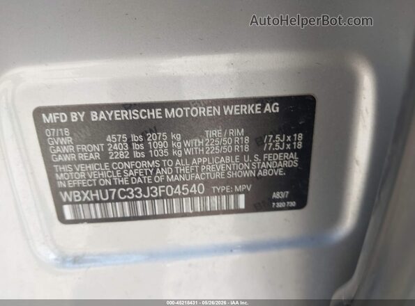 WBXHU7C33J3F04540 2018 BMW X1 Silver Вид підкапотного простору