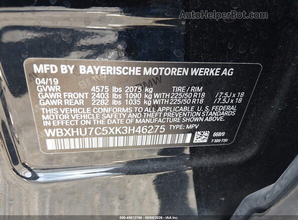 WBXHU7C5XK3H46275 2019 BMW X1 Black 