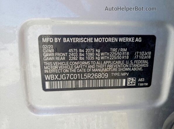 WBXJG7C01L5R26809 2020 BMW X1 Silver სალონის 360-გრადუსიანი ხედი
