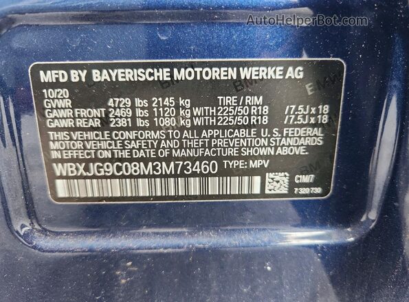 WBXJG9C08M3M73460 2021 BMW X1 Blue 