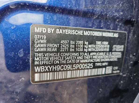 WBXYH9C09L5P00525 2020 BMW X2 Blue VIN sticker view