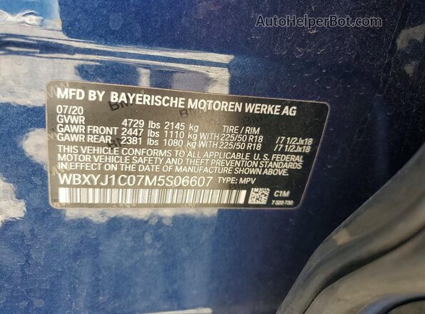 WBXYJ1C07M5S06607 2021 BMW X2 Blue VIN sticker view