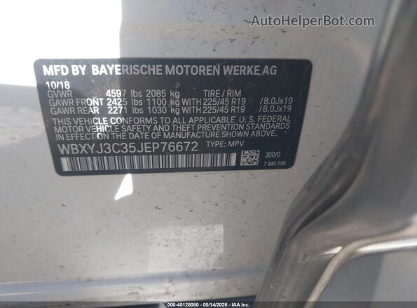 WBXYJ3C35JEP76672 2018 BMW X2 White Вид підкапотного простору