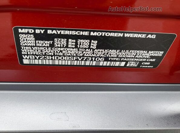 WBY23HD08SFV73106 2025 BMW I4 Red Вид наклейки з VIN-кодом