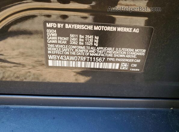 WBY43AW07RFT11567 2024 BMW I4 Gray Widok naklejki z numerem VIN