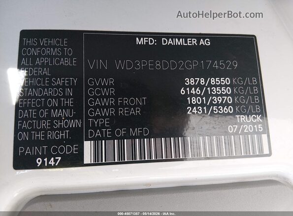 WD3PE8DD2GP174529 2016 MERCEDES-BENZ SPRINTER White Vista del compartimento del motor