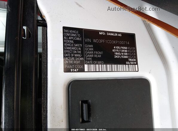 WD3PF1CD3KP100714 2019 MERCEDES-BENZ SPRINTER White Вид наклейки з VIN-кодом
