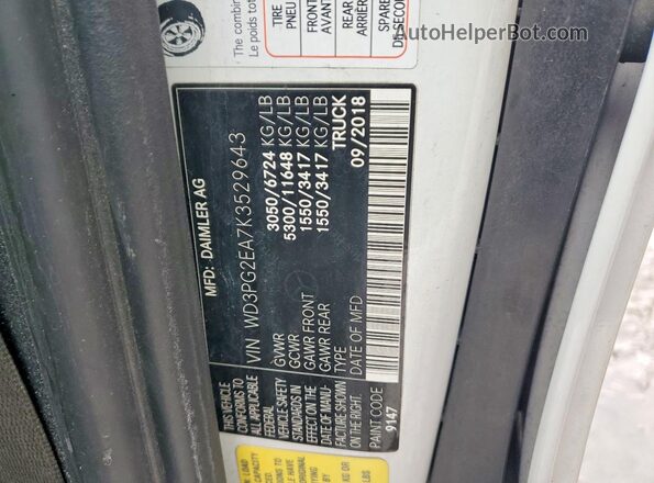 WD3PG2EA7K3529643 2019 MERCEDES-BENZ METRIS White Vista de la etiqueta del VIN