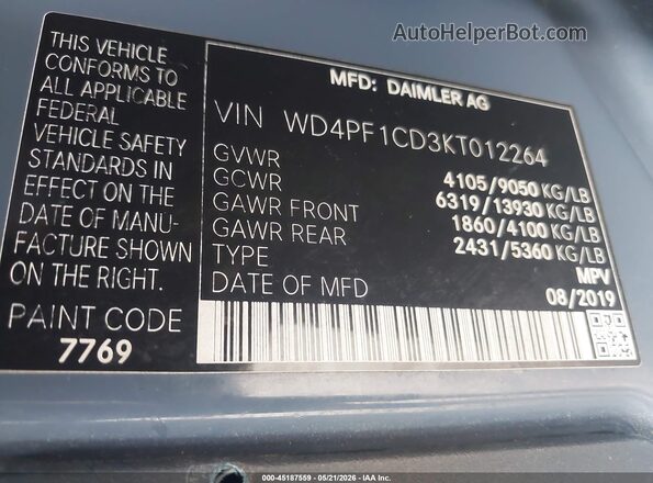 WD4PF1CD3KT012264 2019 MERCEDES-BENZ SPRINTER Blue Շարժիչի բաժամունքի տեսք