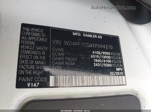 WD4PF1CD4KP094210 2019 MERCEDES-BENZ SPRINTER White Vista del compartimento del motor