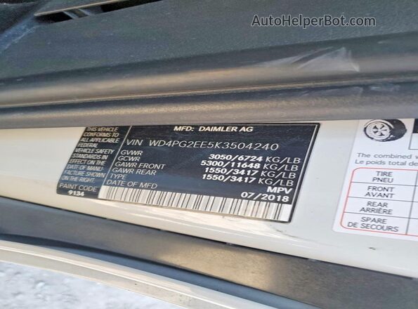 WD4PG2EE5K3504240 2019 MERCEDES-BENZ METRIS White Widok naklejki z numerem VIN