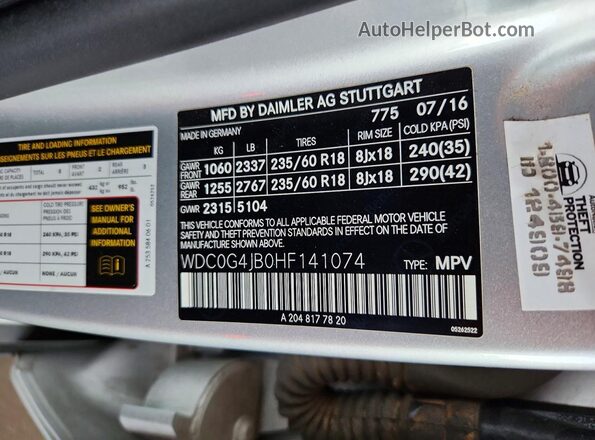 WDC0G4JB0HF141074 2017 MERCEDES-BENZ GLC-CLASS Silver Вид наклейки з VIN-кодом