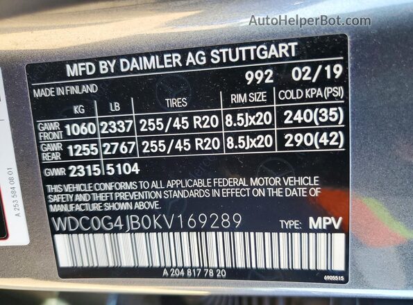 WDC0G4JB0KV169289 2019 MERCEDES-BENZ GLC-CLASS Gray 