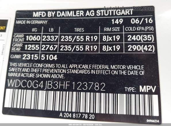WDC0G4JB3HF123782 2017 MERCEDES-BENZ GLC 300 White 