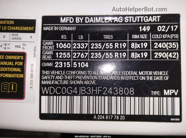 WDC0G4JB3HF243808 2017 MERCEDES-BENZ GLC 300 White Widok komory silnika