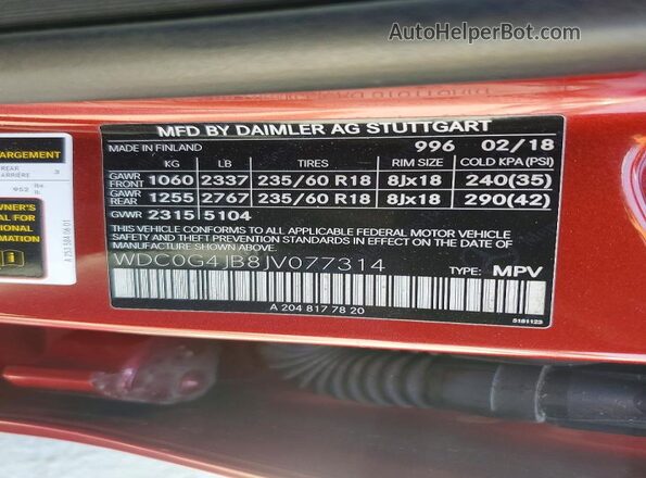 WDC0G4JB8JV077314 2018 MERCEDES-BENZ GLC-CLASS Красный 
