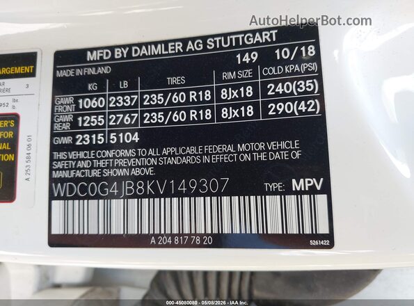 WDC0G4JB8KV149307 2019 MERCEDES-BENZ GLC 300 White 