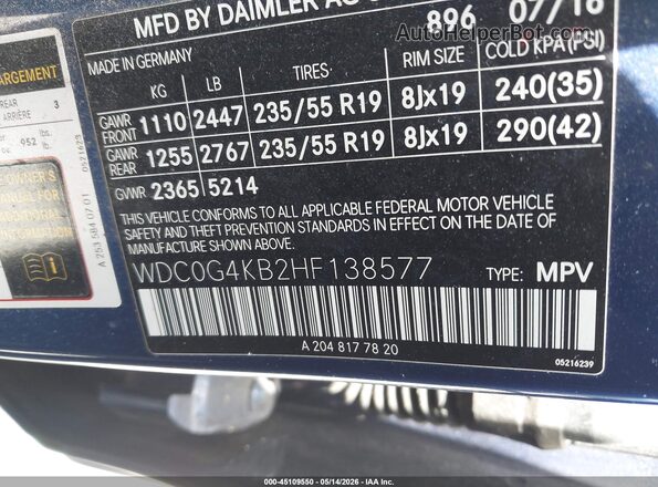 WDC0G4KB2HF138577 2017 MERCEDES-BENZ GLC 300 Синий 