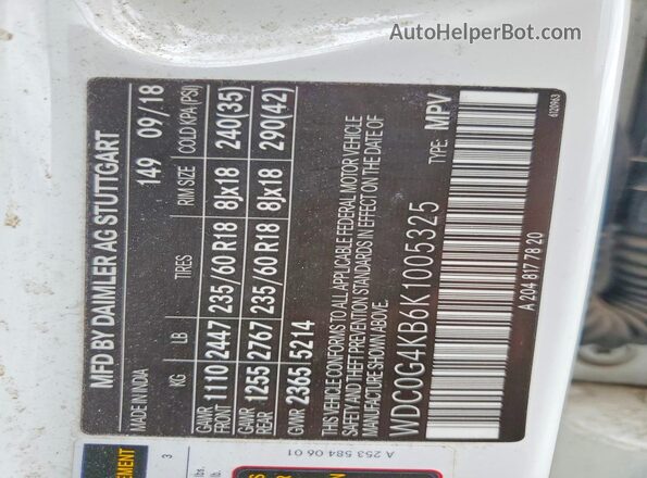 WDC0G4KB6K1005325 2019 MERCEDES-BENZ GLC-CLASS White VIN sticker view