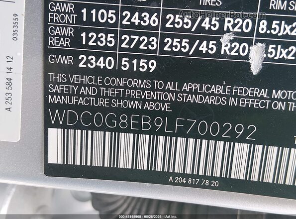 WDC0G8EB9LF700292 2020 MERCEDES-BENZ GLC 300 Silver 