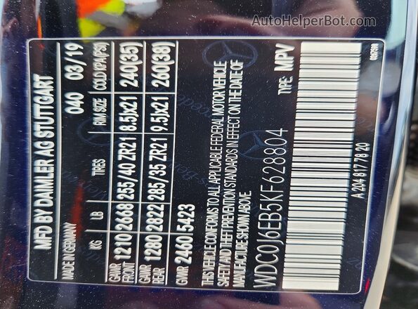 WDC0J6EB5KF628804 2019 MERCEDES-BENZ GLC-CLASS Black VIN sticker view