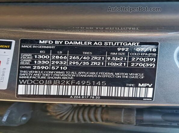 WDC0J8JB2KF495145 2019 MERCEDES-BENZ GLC-CLASS Серый 