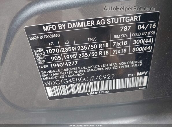 WDCTG4EB0GJ270922 2016 MERCEDES-BENZ GLA 250 Gray Вид підкапотного простору
