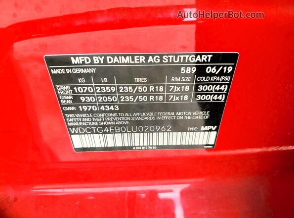 WDCTG4EB0LU020962 2020 MERCEDES-BENZ GLA Red Панорамний вид салону 360°