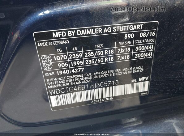 WDCTG4EB1HJ305713 2017 MERCEDES-BENZ GLA 250 Blue Vista del compartimento del motor