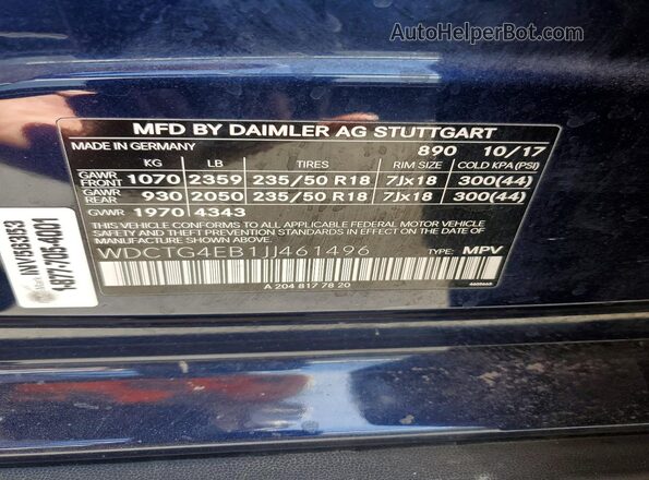 WDCTG4EB1JJ461496 2018 MERCEDES-BENZ GLA Blue Vista del compartimento del motor