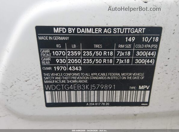 WDCTG4EB3KJ579891 2019 MERCEDES-BENZ GLA 250 White Widok komory silnika