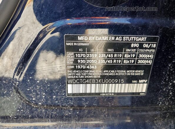 WDCTG4EB3KU000915 2019 MERCEDES-BENZ GLA Blue Вид наклейки з VIN-кодом