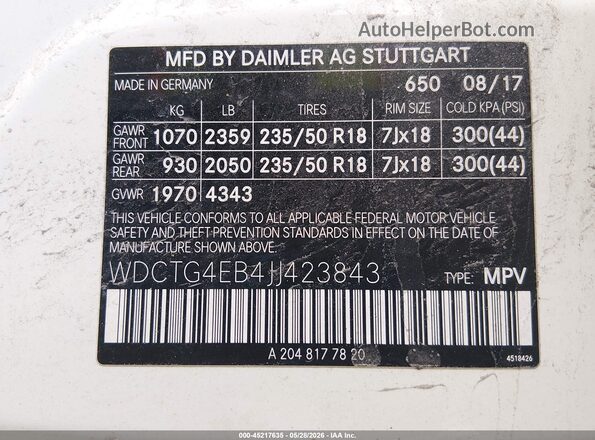 WDCTG4EB4JJ423843 2018 MERCEDES-BENZ GLA 250 White ძრავის განყოფილების ხედი