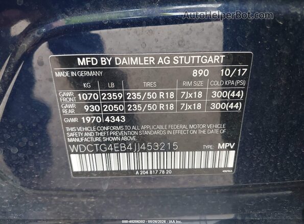 WDCTG4EB4JJ453215 2018 MERCEDES-BENZ GLA 250 Blue Շարժիչի բաժամունքի տեսք