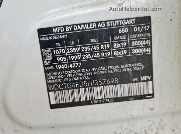WDCTG4EB5HJ357698 2017 MERCEDES-BENZ GLA White Vista interior de 360 grados