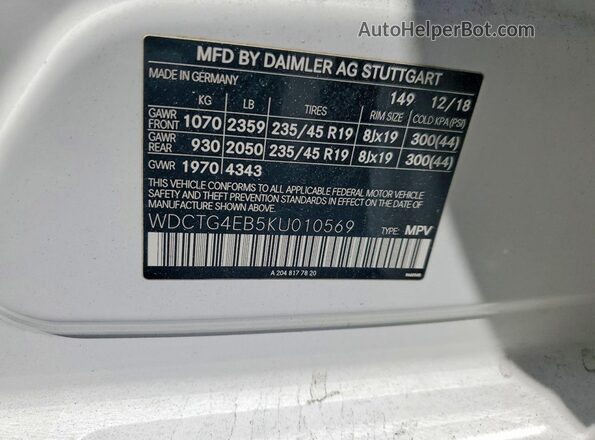 WDCTG4EB5KU010569 2019 MERCEDES-BENZ GLA White Vista del compartimento del motor