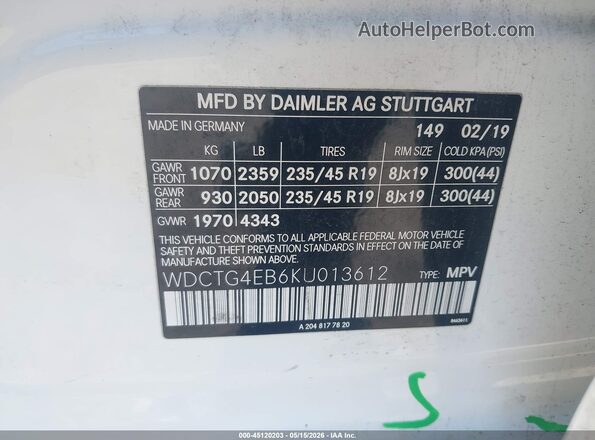WDCTG4EB6KU013612 2019 MERCEDES-BENZ GLA 250 White ძრავის განყოფილების ხედი
