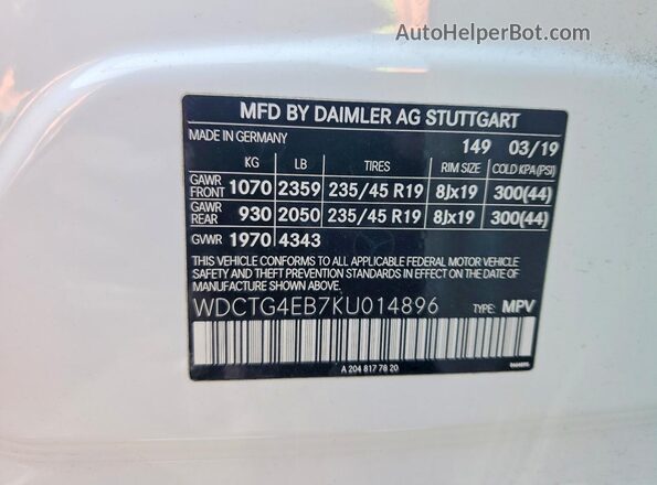 WDCTG4EB7KU014896 2019 MERCEDES-BENZ GLA White Widok komory silnika