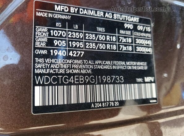 WDCTG4EB9GJ198733 2016 MERCEDES-BENZ GLA Brown Widok naklejki z numerem VIN