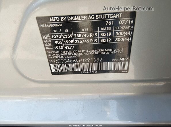 WDCTG4EB9HJ291382 2017 MERCEDES-BENZ GLA 250 Silver Vista del compartimento del motor