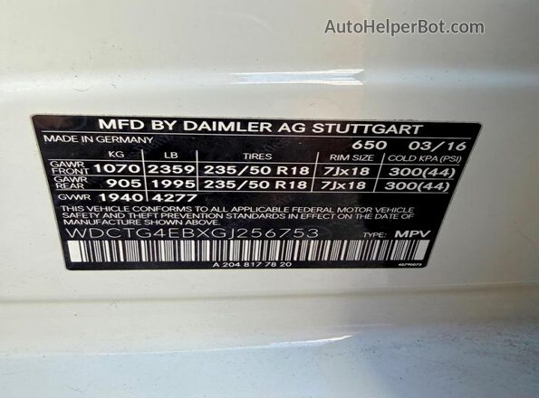 WDCTG4EBXGJ256753 2016 MERCEDES-BENZ GLA White უკანა სავარძლების ხედი