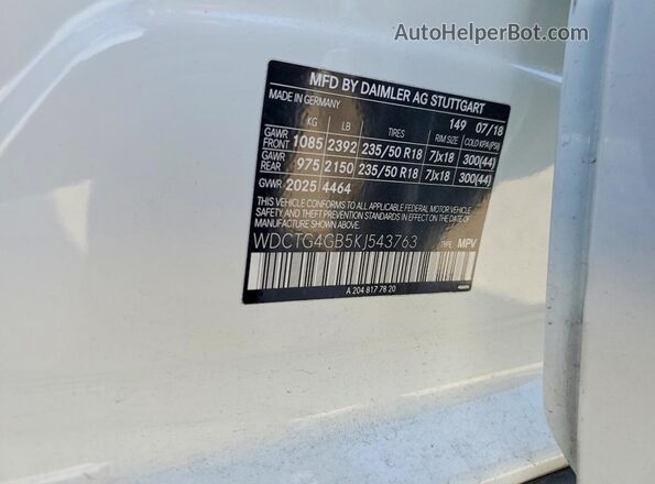 WDCTG4GB5KJ543763 2019 MERCEDES-BENZ GLA Белый 