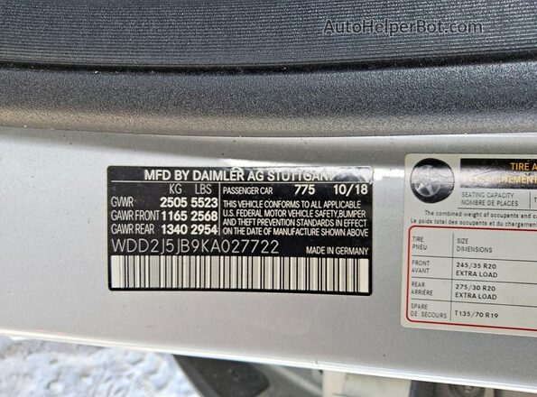 WDD2J5JB9KA027722 2019 MERCEDES-BENZ CLS-CLASS Silver Vista de la etiqueta del VIN