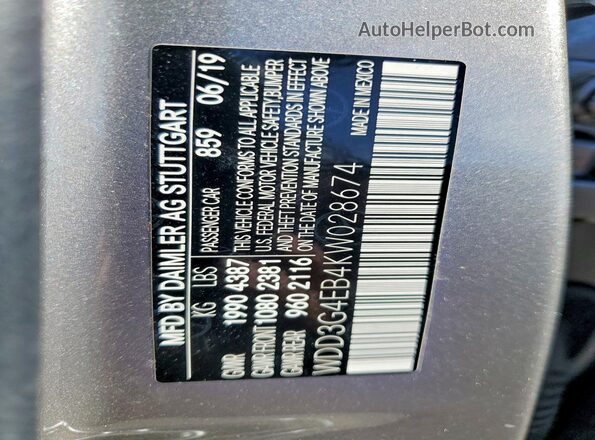 WDD3G4EB4KW028674 2019 MERCEDES-BENZ A Gray Вид наклейки з VIN-кодом