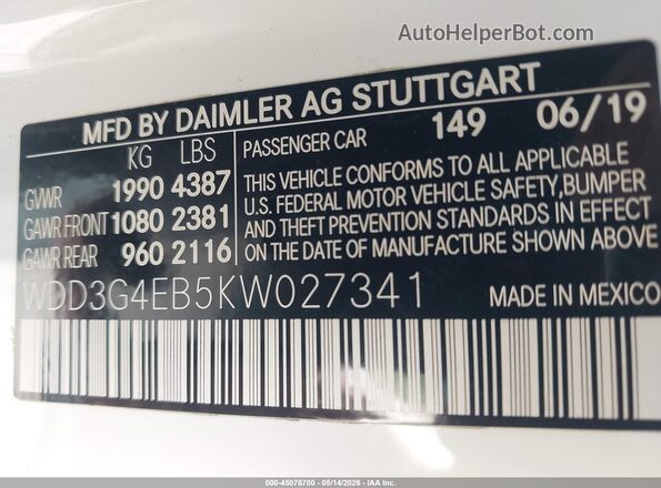 WDD3G4EB5KW027341 2019 MERCEDES-BENZ A 220 White Вид підкапотного простору