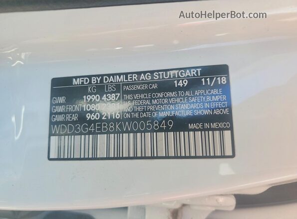 WDD3G4EB8KW005849 2019 MERCEDES-BENZ A White 